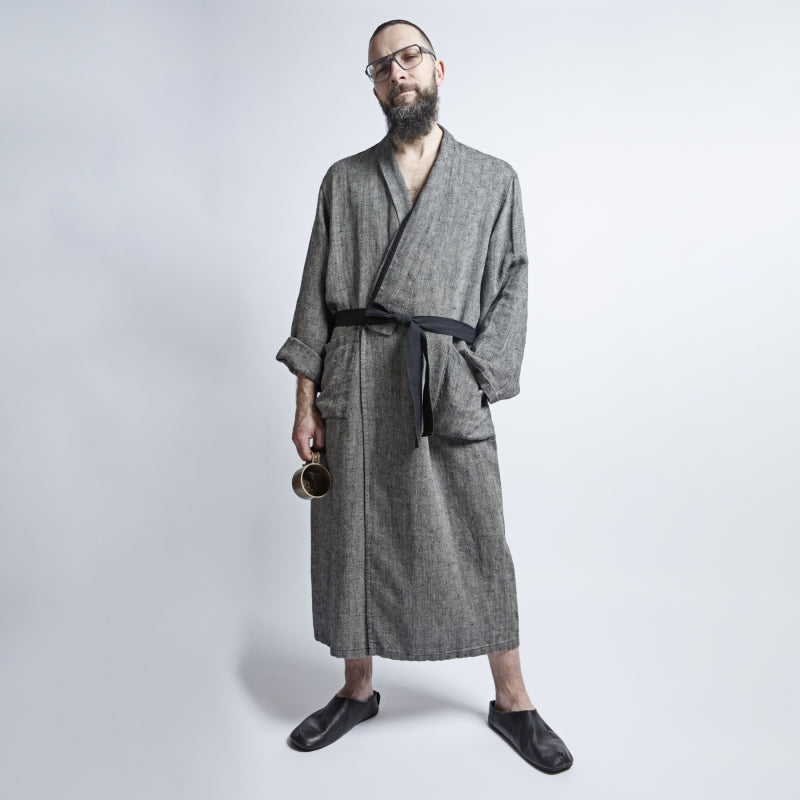 Linen bathrobe - Black Fishbone